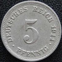 YS: Германия, Рейх, 5 пфеннигов 1911D, KM# 11 (1)