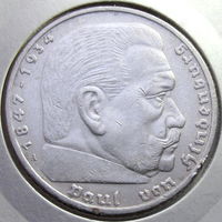 Германия, 5 марок 1936 A, Гинденбург, состояние XF, серебро 900 пробы/ 13.88 г