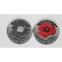 Канада две монеты 25 центов 2015 На полях Фландрии простая и цветная UNC