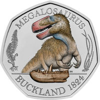 Великобритания 50 пенсов 2020г. "Динозавр: Megalosaurus". Монета в капсуле; магнитном подарочном акриловом футляре; номерной сертификат; коробка. СЕРЕБРО 8гр.