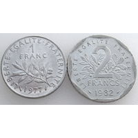 Франция, 2 монеты: 2 франка 1982 и 1 франк 1977 года