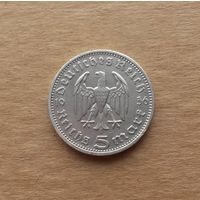 Германия, 5 марок 1936 г., серебро 0.900, D (Мюнхен), Пауль фон Гинденбург