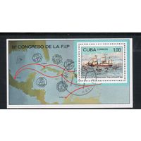 Куба-1982,(Мих.Бл.72) гаш.,  Карта,   Флот, Парусники