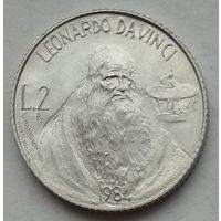 Сан-Марино 2 лиры 1984 г. Учёные. Леонардо Да Винчи. В холдере