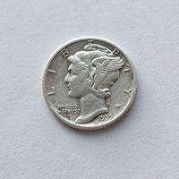 10 центов (дайм Меркурий) США 1939 года, серебро 900 пробы. 9