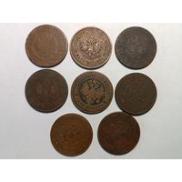 Монета 5 копеек 1868-1911 гг. Российская Империя. Одним лотом 8 шт. С рубля.
