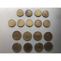 Монеты Германии 5 пфеннигов 1950 и 1991, 10 пфеннигов 1950 и 1981, все дворы.