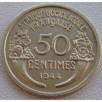 Французская Западная Африка. 50 сантимов 1944 год КМ#1 Редкая!!!  Тираж: 10.000.000