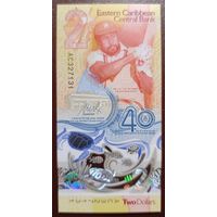 2 доллара 2023 года - Восточные Карибы - 40 лет Центральному банку - полимер - UNC