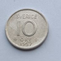 10 эре 1957 года Швеция. Серебро 400. Монета не чищена. 25
