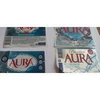 Этикетка от напитка "Aura", 5 литров (л) , Лидский пивзавод 4шт, разные