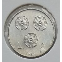 Сан-Марино 2 лиры 1987 г. 15 лет возобновлению чеканке монет. В холдере