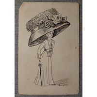 Открытка почтовая карточка старинная, мода, дама в шляпе.