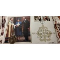 Серебро с золотым покрытием 0.925! Остров Мэн 1 крона, 1997 года 50 лет свадьбе Королевы Елизаветы II и Принца Филиппа (тираж 10 000 штук)
