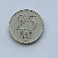 25 эре 1947 года Швеция. Серебро 400. Монета не чищена. 7