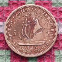 Британские Карибские территории 5 центов 1955 года. Корабль. Королева Елизавета II. Новогодняя ликвидация!