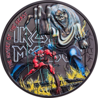RARE Острова Кука 5 долларов 2022г. "Iron Maiden – The Number of the Beast (Число зверя)". Obsidian Black. Монета в капсуле; подарочной рамке - футрляре; сертификат; коробка. СЕРЕБРО 31,10гр.(1 oz).