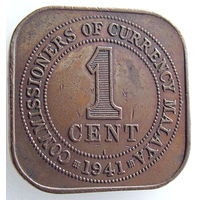 Малайя, 1 цент 1941 года, м.д. Калькутта, квадрат 21 х 21 мм, Георг VI, KM#2