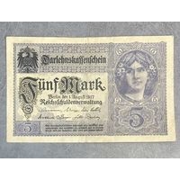 Банкнота Германская Империя 5 марок 1917 год. С рубля без МЦ