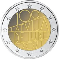 2 евро 2021 Латвия 100 лет признания Латвии де-юре UNC из ролла