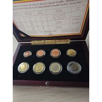 Бельгия PROOF 2001 год. 1, 2, 5, 10, 20, 50 евроцентов, 1, 2 евро. Официальный набор монет в деревянном футляре.