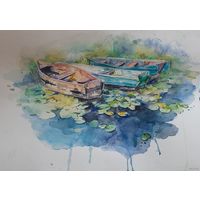 "Лодки, кувшинки и солнце" акварель а3