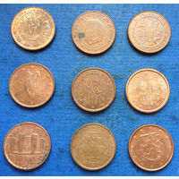 Лот 1 евроцент (Австрия, Бельгия, Германия, Ирландия, Испания, Италия, Литва, Финляндия). Всего 9 монет