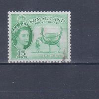 [1107] Британские колонии. Сомалиленд 1953. Елизавета II.Фауна.Кочевник с верблюдом.15 с. Гашеная марка. Кат.гаш.3 е.