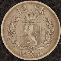 YS: Норвегия, 12 скиллингов 1848, серебро, KM# 314.1, VF-
