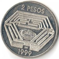 Аргентина 2 песо, 1999 100 лет со дня рождения Хорхе Луиса Борхеса UNC
