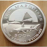 Маркизские острова. 500 франков 2014 год  "Морская фауна - акулы"  Unusual