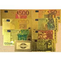 НОВИНКА! Золотые банкноты ЕВРО в цвете + сертификат (сувенир)