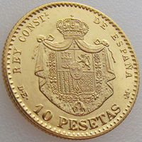 Испания, 10 песет/ pesetas 1881, UNC, рестрайк 1962 года, золото 900/ 3,18 г, Альфонс/ Alfonso XII