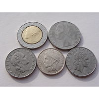 Италия. набор 5 монет 50,50,100,100,500 лир 1971-1989 год