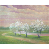 Картина: "Цветущие деревья около реки"