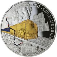 Камерун 5000 франков 2022г. "Поезд: Blue train". Монета в капсуле; деревянном подарочном футляре; номерной сертификат; коробка. СЕРЕБРО 155,50гр.(5 oz).