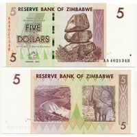 Зимбабве. 5 долларов (образца 2007 года, P66, UNC)