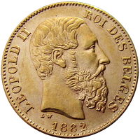 Бельгия, 20 франков 1882 г., Unc, Леопольд II, золото 900/ 6,452 г, Автор: Leopold Wiener (LW), KM# 37, Доставка только при личной встрече, связь по телефону или мессенджеру.