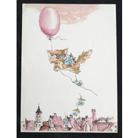 Детская открытка. Кошка. Воздушный шарик. Мультфильм. Mintis, Литва 1976 год #0018-U1P09