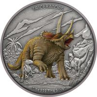Ниуэ 2 доллара 2020г. "Динозавр Трицератопс". Монета в капсуле; подарочном футляре; сертификат; коробка. СЕРЕБРО 31,10гр.(1 oz).