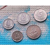 Карибы набор монет 1, 2, 5, 10, 25 центов 1997 года. UNC. Корабль. Восточные Карибские острова - Гренада, Антигуа и Барбуда, Доминика, Сент Китс и Невис.