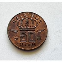 Бельгия 50 сантимов, 2001 Надпись на французском - 'BELGIQUE'
