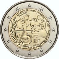 2 евро 2021 Франция 75 лет ЮНИСЕФ  UNC из ролла