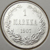 Россия для Финляндии, 1 марка 1907 года (L), состояние AU, серебро 868/ 5,18 г, Биткин #399