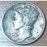 США 1 дайм, 1945 Mercury Dime Без отметки монетного двора (14-18-30)