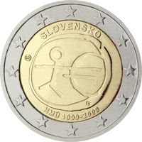 2 евро Словакия 2009 10 лет Экономическому и Валютному союзу UNC из ролла