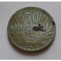 50 сентесимо 1943 г. Уругвай, серебро