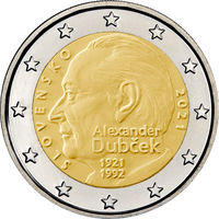 2 евро Словакия 2021 100 лет со дня рождения Александра Дубчека UNC из ролла