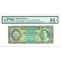 Британский Гондурас Белиз 1 доллар 1965 года. Тип Р 28b. Состояние UNC! В слабе PMG (64 EPQ). Редкая!