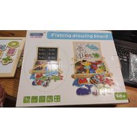 Развивающий набор Fishing drawing board. В наборе рыбалка с рыбками и двумя удочками. Цифры, доска для рисования мелками, магнитная доска и много другое.